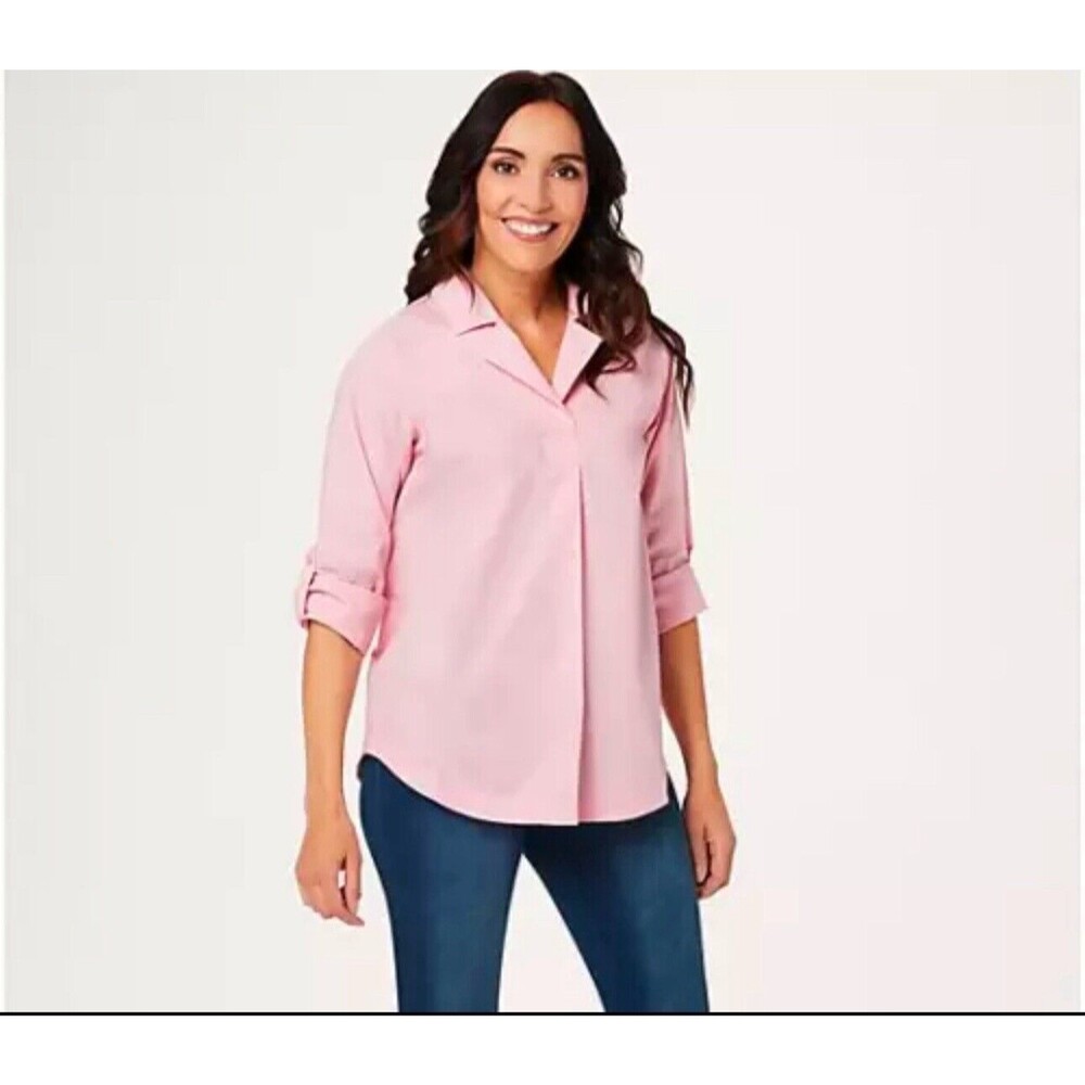Martha Stewart Stretch Poplin Blouse with Split V-Neck-Peony-Small A353589 NEW